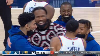 Obi Toppin with a dunk between the legs that had the Knicks bench hyped!