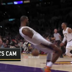 LeBron keeps himself from falling off balance